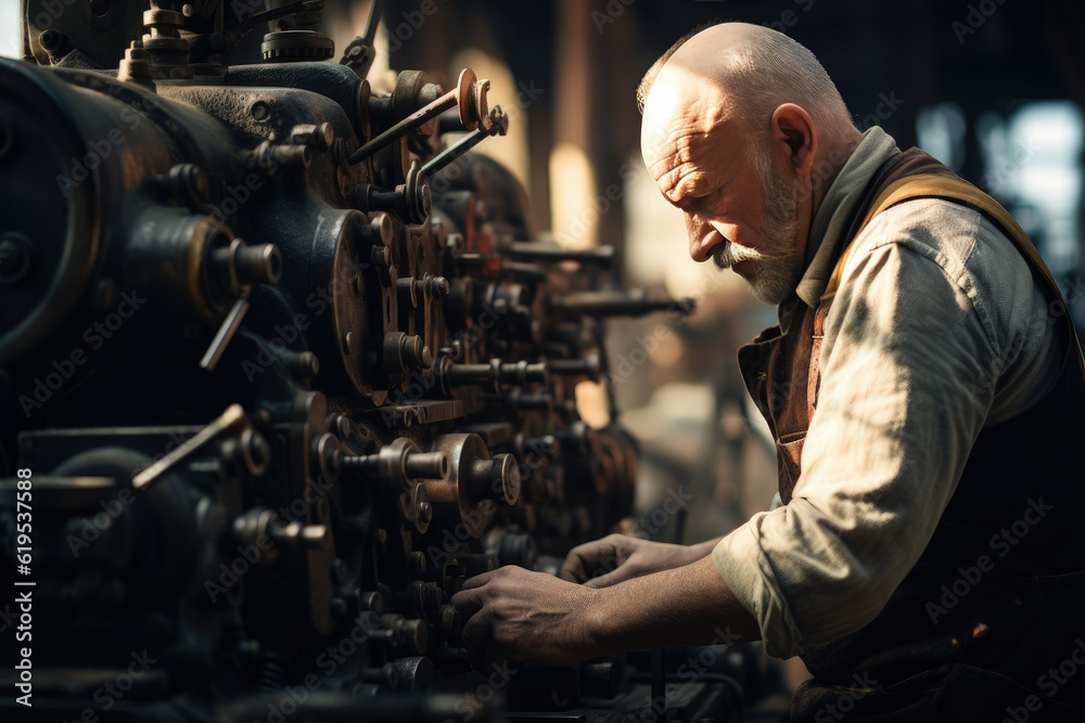 man working on a large machine in a factory. Generative Ai man working on a large machine in a factory. Generative Ai