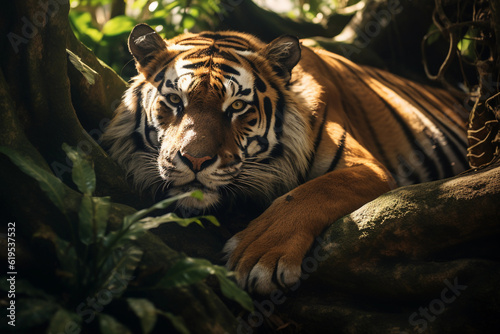 A breathtaking  photorealistic image of a majestic Bengal tiger in a wildlife sanctuary  reclining under a large banyan tree  vivid  dappled sunlight filtering through the leaves