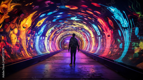 A graffiti - infused pedestrian tunnel, an explosion of colors in the dim light, with a lone musician playing soulful tunes. Low light, echo of the music, urban solitude