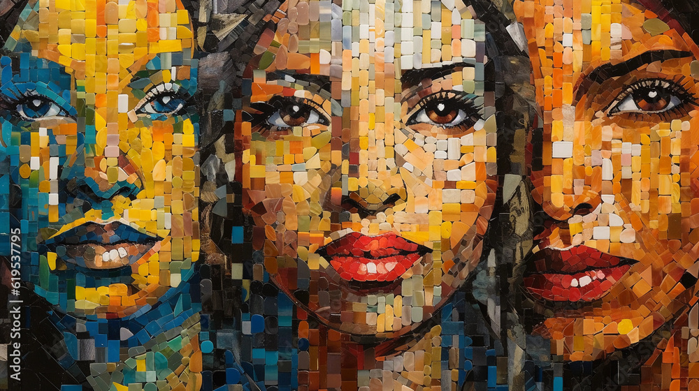 A vibrant digital mosaic portraying an amalgam of diverse faces ...