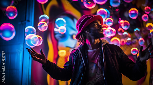 A street performer, suspended in mid - motion, juggling glowing orbs amidst a backdrop of multicolored graffiti walls. Night scene, neon lighting, dynamic and energetic
