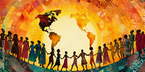 Digital collage, unity in diversity, various races, ethnicities, ages, and genders, interlocking hands, forming a circle of solidarity, rich textures, vivid colors symbolizing various cultures, tradit