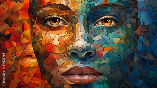 A vibrant digital mosaic portraying an amalgam of diverse faces, different races, ethnicities, genders, ages, and orientations. Each face telling its unique story, harmoniously melting into a shared h