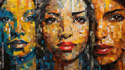 A vibrant digital mosaic portraying an amalgam of diverse faces, different races, ethnicities, genders, ages, and orientations. Each face telling its unique story, harmoniously melting into a shared h