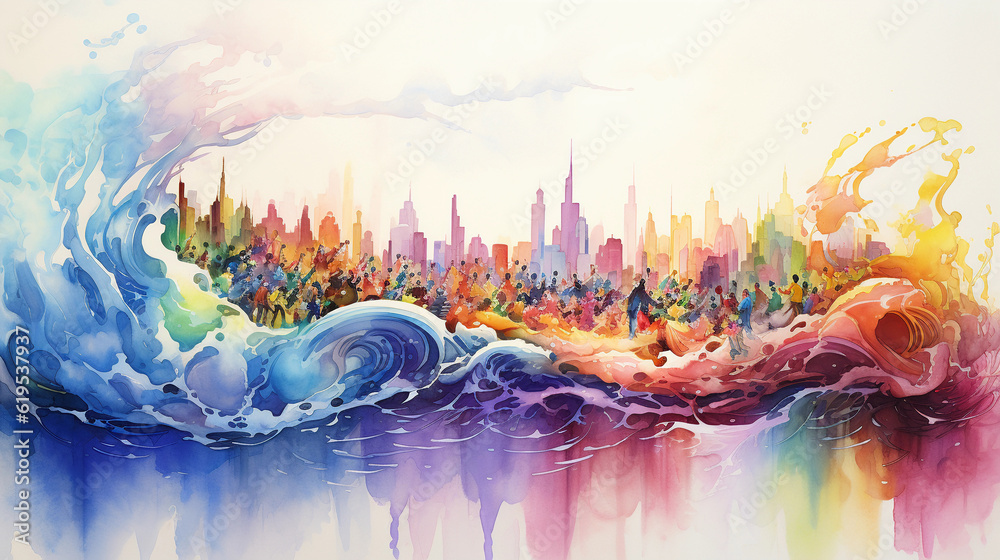 Abstract art, vivid rainbow wave flowing through a cityscape, reflecting pride parade, painted in watercolors, celebration, unity, inclusive, happy crowd, dynamic composition, surrealism