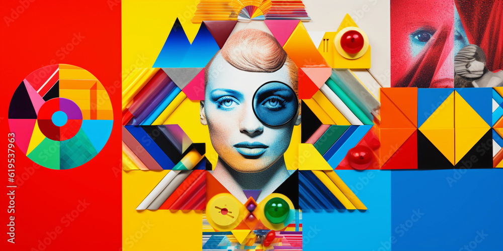 Abstract collage of LGBTQ + icons and symbols, colorful, geometric shapes, pop - art style