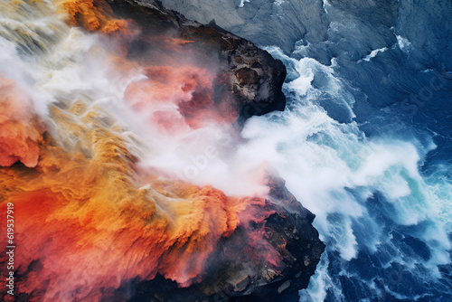 Obraz na plátně Abstract aerial photography of a cascading waterfall, vivid color palette, misty
