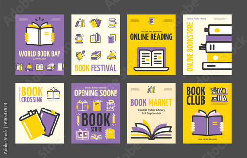 Bookstore, Club, Festival and Market Placard Poster Banner Card Template Set. Vector illustration of Book Store