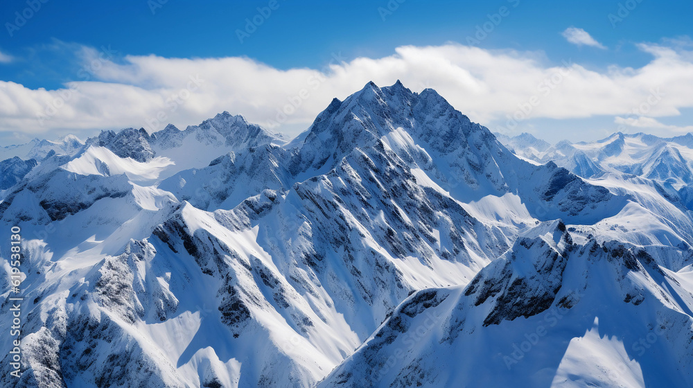 Aerial photograph, snowy mountain range, dramatic terrain, contrasting dark, jagged peaks, taken during clear skies, Inspire 1 with Zenmuse X5, cold color palette, 5K