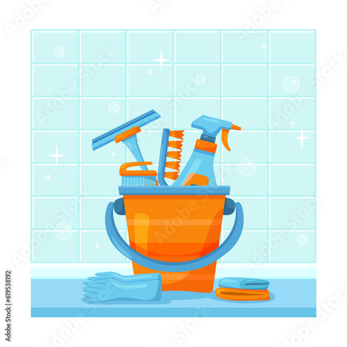 Flat bucket with cleaning tools stand near blue tiled wall. Orange handy plastic container with spray and brush as kit for housekeeping. Vector cartoon illustration of house or office set for cleaning