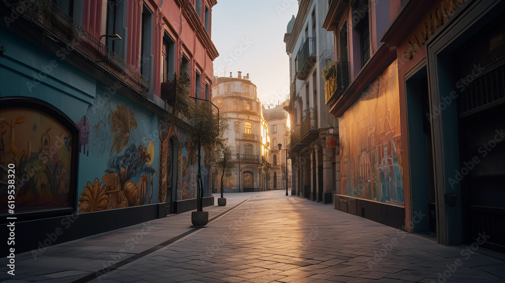 An empty, quiet city street at dawn, lined with vibrant murals, pastel colors, empty except for a single, distant figure walking