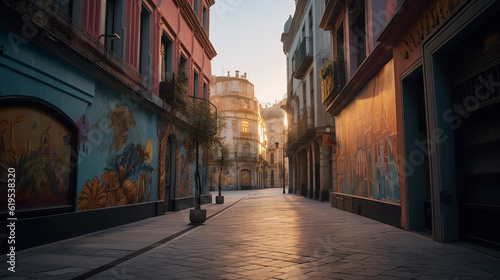 An empty, quiet city street at dawn, lined with vibrant murals, pastel colors, empty except for a single, distant figure walking © Marco Attano