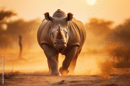 An engaging, hyper - realistic image of a rhinoceros standing resilient in a wildlife sanctuary, a fortress against poaching. Golden hour, dust rising under its feet
