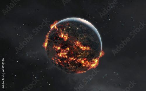 3D illustration of Earth planet in fire. Explosion of planet. 5K realistic science fiction art. Elements of image provided by Nasa