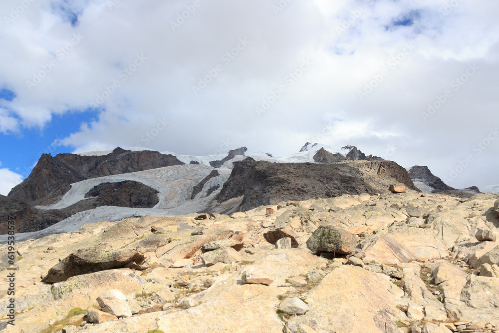 Panorama view with mountain summit Nordend (left) and Dufourspitze (right) in mountain massif Monte Rosa in Pennine Alps, Switzerland