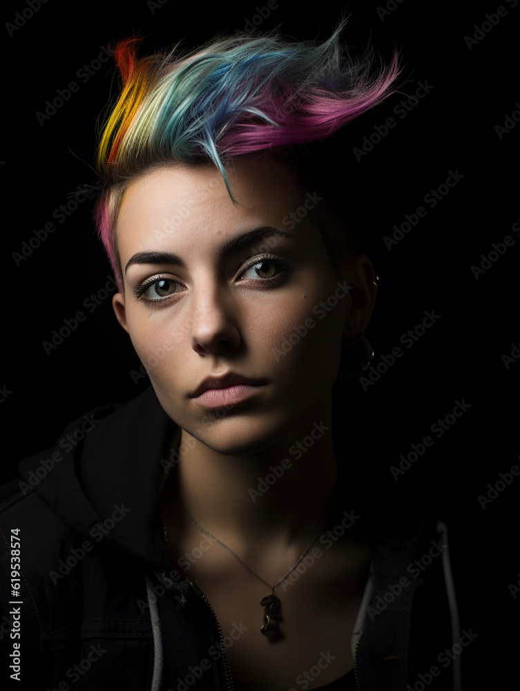 Fototapeta premium Chiaroscuro portrait of a non - binary individual, subtle play of light and shadow, half face in light half in shadow, confident gaze, piercings, rainbow colored hair