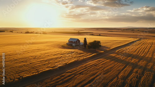 Bird's eye view, massive wheat fields, golden at sunset, long shadows, single farmhouse in view, DJI Inspire 2, warm hues, high contrast, 6K