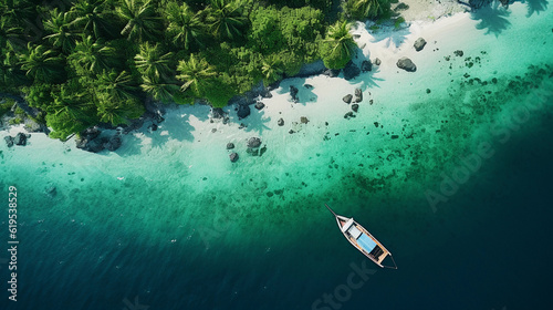 Bird   s - eye view of an isolated island  turquoise sea surrounding  lush greenery  a lone boat anchored  DJI Phantom 4 Advanced  tropical paradise  sunny day  6K