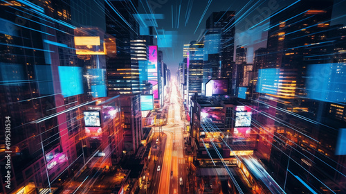 Bird's eye view of a vibrant, bustling cityscape at dusk, geometric pattern of streets and buildings, neon lights, DJI Mavic Pro, long exposure