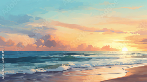 Calm and tranquil beach at sunset, sand meets ocean, simple digital painting, serene colors, smooth brush strokes © Marco Attano
