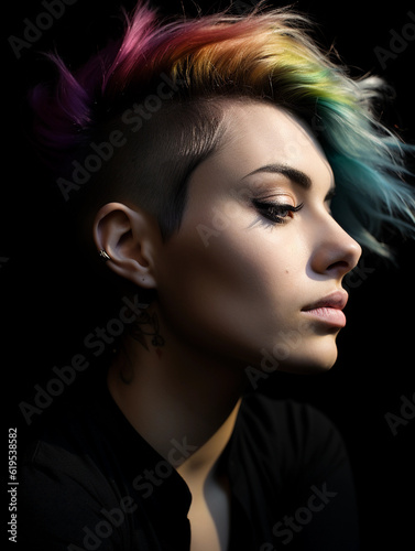 Chiaroscuro portrait of a non - binary individual  subtle play of light and shadow  half face in light half in shadow  confident gaze  piercings  rainbow colored hair