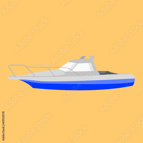 Speedboat, boat in blue and white in flat vector illustration design