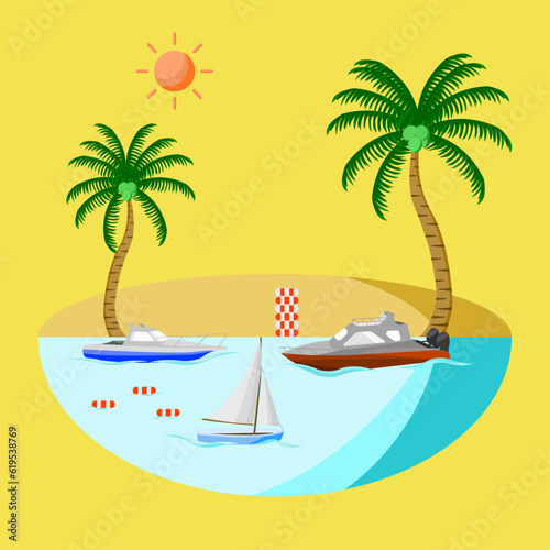 seaside environment view include boat, speed boat, sailboat, sun, coconut tree, rubber rings in flat vector illustration design