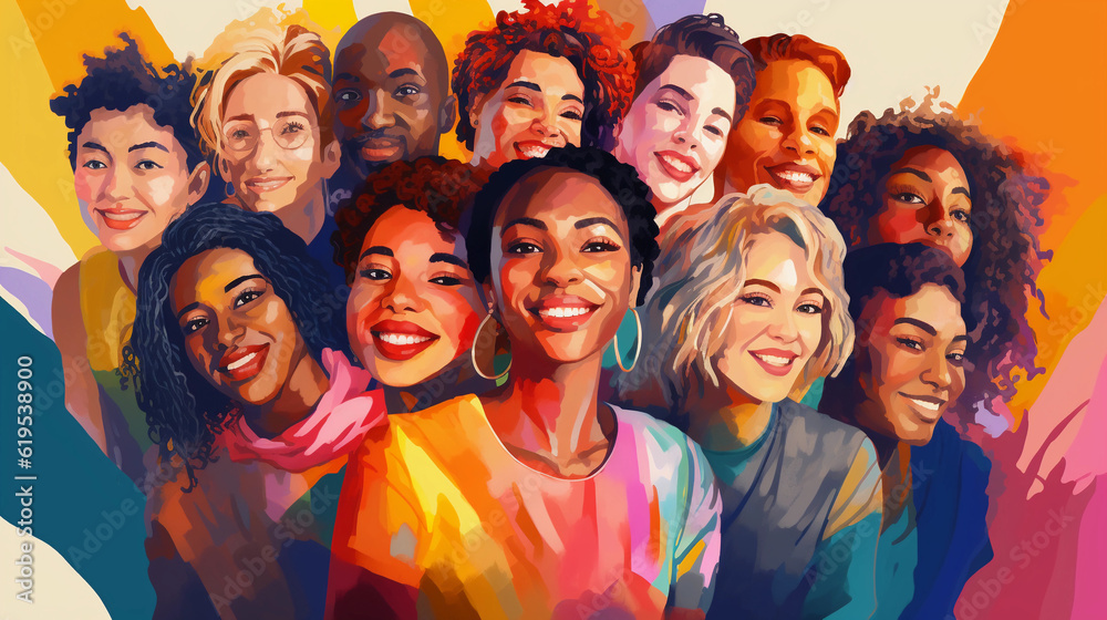 Digital painting, a gathering of diverse individuals, different races, ethnicities, genders, and age groups, vibrant colors, harmonious unity, social gathering in a park, under a blue sky, celebrating