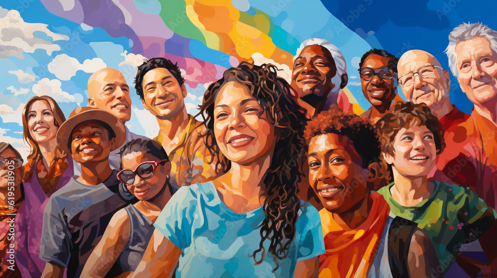 Digital painting, a gathering of diverse individuals, different races, ethnicities, genders, and age groups, vibrant colors, harmonious unity, social gathering in a park, under a blue sky, celebrating Digital painting, a gathering of diverse individuals, different races, ethnicities, genders, and age groups, vibrant colors, harmonious unity, social gathering in a park, under a blue sky, celebrating