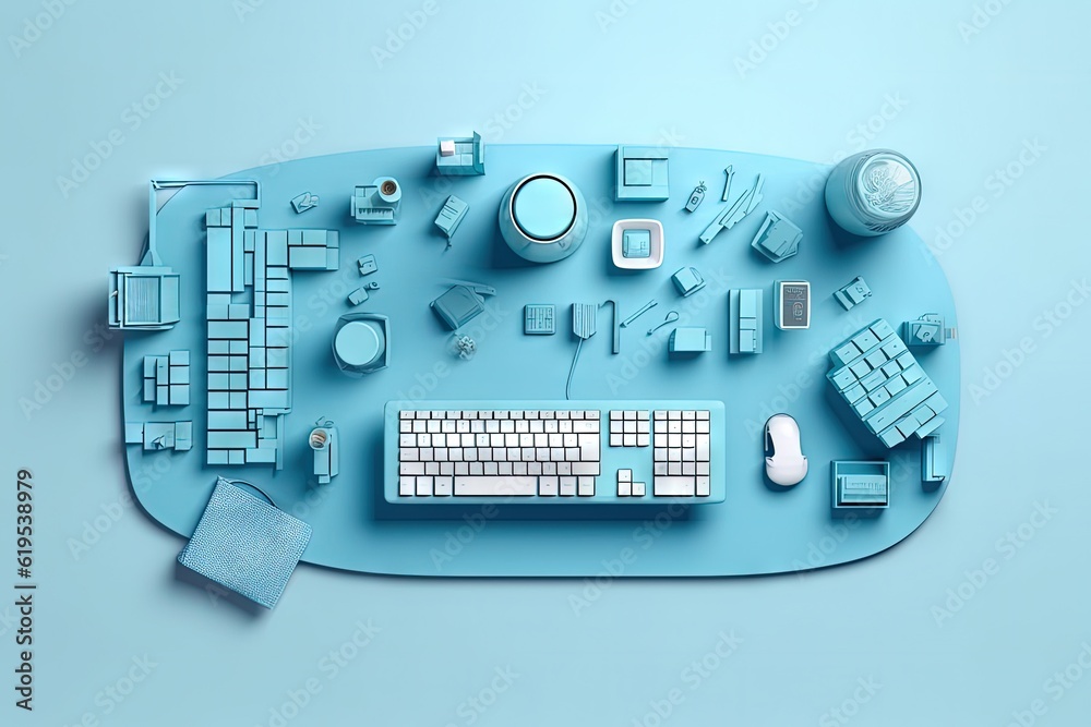 Fototapeta premium A computer keyboard sitting on top of a blue surface, created with Generative Ai Technology