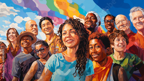 Digital painting, a gathering of diverse individuals, different races, ethnicities, genders, and age groups, vibrant colors, harmonious unity, social gathering in a park, under a blue sky, celebrating