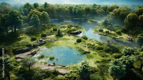 Digitally rendered image of a serene wildlife sanctuary, from a bird's eye view, showcasing various habitats, a balance of natural elements, photorealistic style with rich, natural colors, spring seas