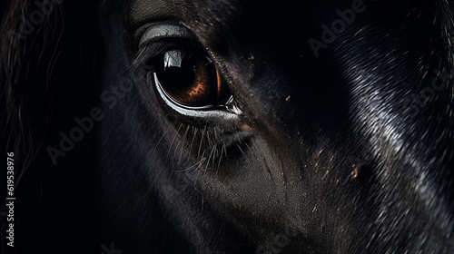 Close Up of the Opalescent Eye of a Majestic Black Horse, Studio Lighting Effect with Intricate Details - Generative AI