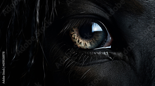 Close Up of the Opalescent Eye of a Majestic Black Horse, Studio Lighting Effect with Intricate Details - Generative AI