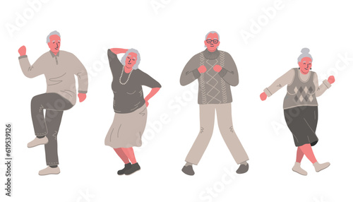 Dancing senior people. Cheerful elderly people. Old men and old women have fun and dance. Positive active people. Vector illustration