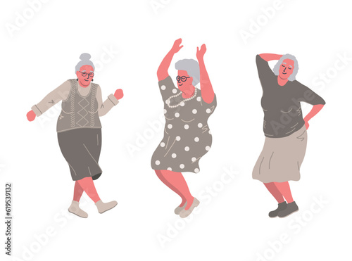 Dancing senior people. Cheerful active women. Old women have fun and dance. Positive elderly people. Vector illustration