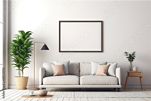 Blank horizontal poster frame mock up in minimal Scandinavian white style living room interior  modern living room interior background