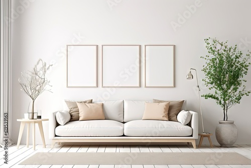 Blank poster frame mock up in minimal Scandinavian white style living room interior, modern living room interior background