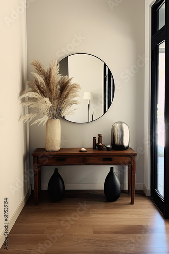 Entry way with modern minimalist home decor, color palette cream, tan, black, ai generative