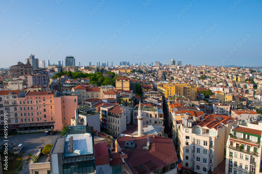 Beyoglu and Besiktas historic district aerial view from top of Galata Tower in historic city of Istanbul, Turkey. 