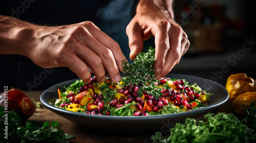 Hands of a chef assembling a superfood salad, mid - action shot, avocados, beets, kale, quinoa, pomegranate seeds, olive oil drizzling