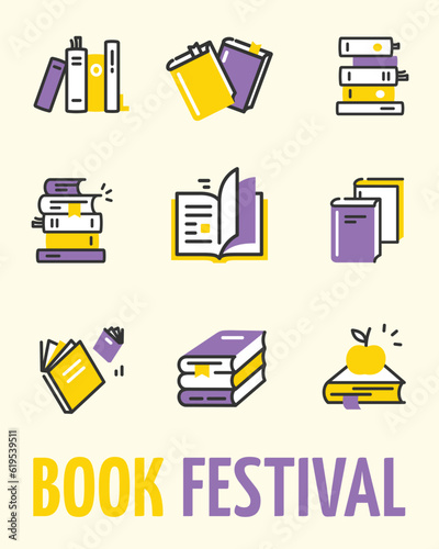 Book Festival Invitation Placard Poster Banner Card Template with Different Thin Line Elements. Vector illustration of Event
