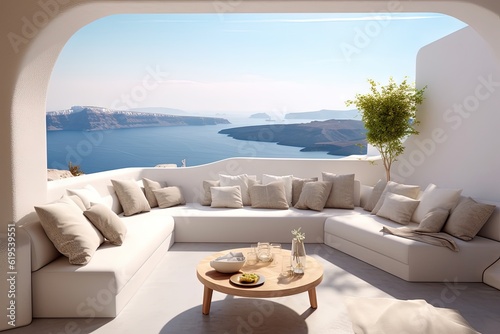 Luxury apartment terrace Santorini Interior of modern living room sofa or couch with beautiful sea view, created with Generative Ai Technology