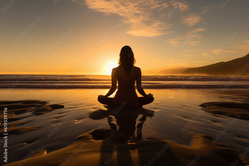 Photorealistic image of a woman in Lotus position meditating on a serene beach at sunset, the golden sun casting long shadows, waves gently crashing, Yoga attire, peaceful expression