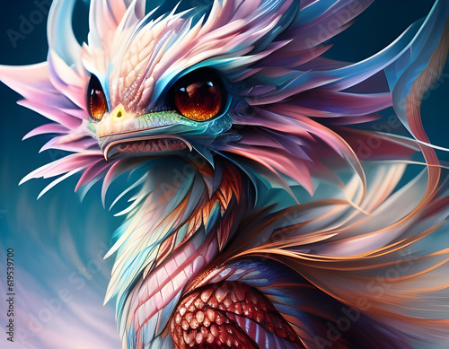 Cute wild baby griffin with pink and blue feathers and huge brown eyes. Generative AI.