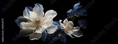 a wallpaper 3d botanical flowers with one big flower for whole artwork flowing alcohol ink style bioluminescence navy blue background, white, gold.