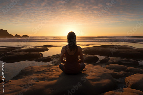 Photorealistic image of a woman in Lotus position meditating on a serene beach at sunset  the golden sun casting long shadows  waves gently crashing  Yoga attire  peaceful expression