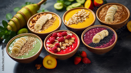 Still life, brightly colored smoothie bowls decorated with various superfoods, chia seeds, goji berries, sliced bananas, on a marble kitchen countertop, natural backlighting