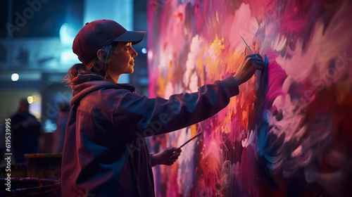 Street artist in action, spray painting a vibrant, large scale mural on a concrete wall, cinematic, dusk lighting