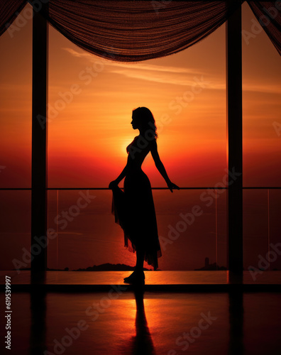 Silhouette einer Frau vor einem Sonnenuntergang, Generative AI © whiterockcompany